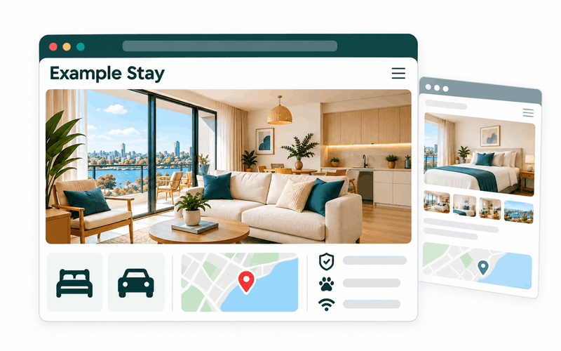 An Example Stay property page groups its photograph, bed details, location and booking information.