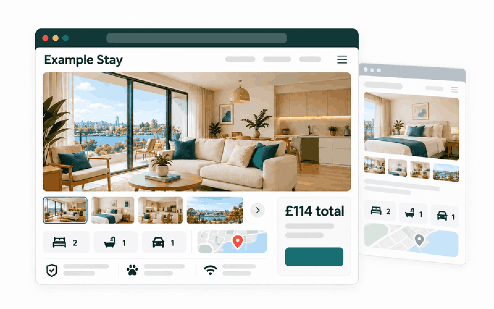 An Example Stay property page groups its photograph, bed details, location and booking information.