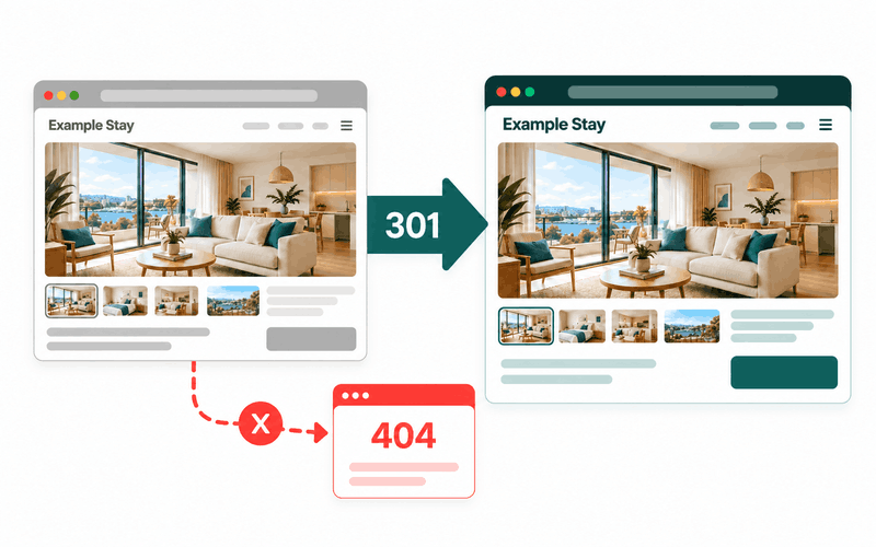 A permanent 301 redirect connects the old Example Stay property address to its matching new page.