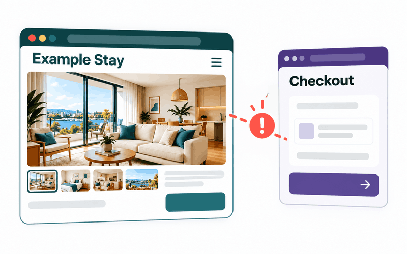 An Example Stay property page connects to a visually different checkout, illustrating booking uncertainty.