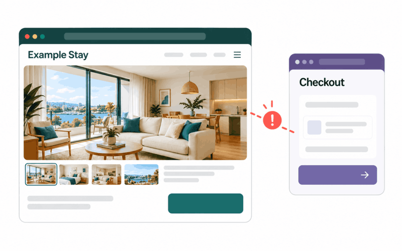 An Example Stay property page connects to a visually different checkout, illustrating booking uncertainty.