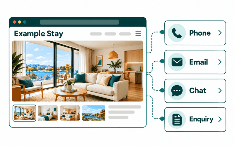 An Example Stay accommodation page offers phone, email, chat and enquiry contact choices.