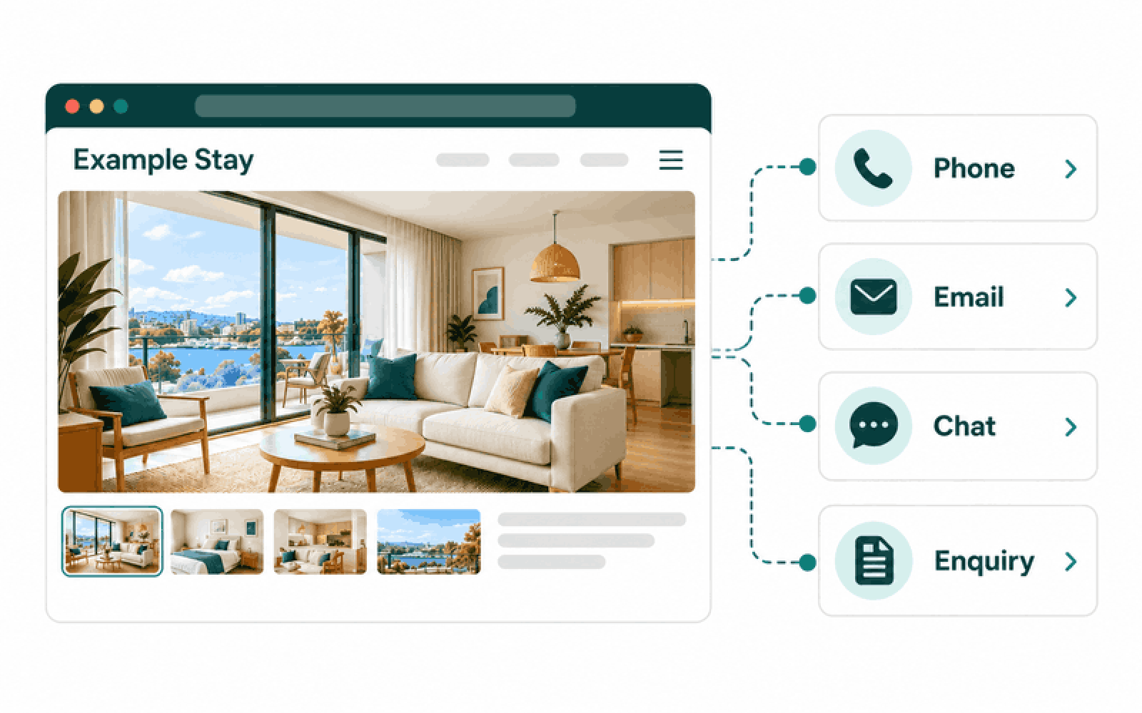 An Example Stay accommodation page offers phone, email, chat and enquiry contact choices.
