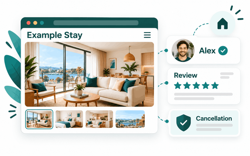 An Example Stay page presents a named host, a review and cancellation information as illustrative trust evidence.