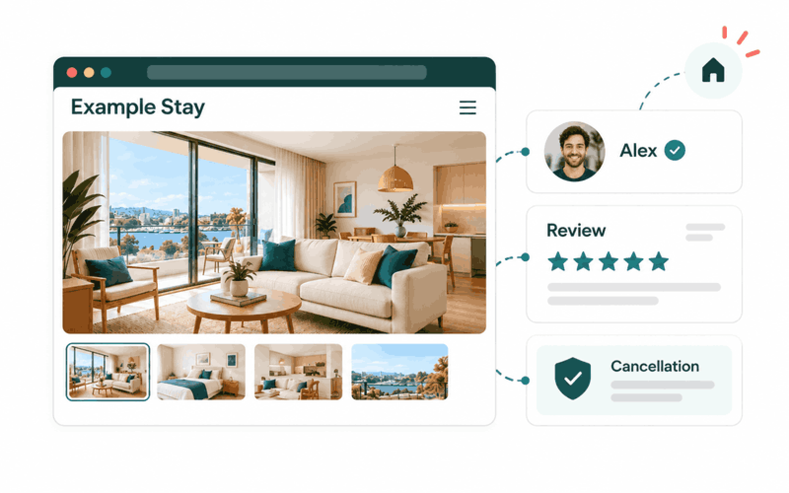 An Example Stay page presents a named host, a review and cancellation information as illustrative trust evidence.