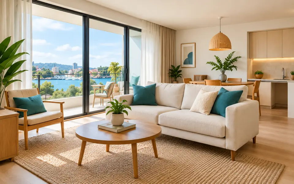 Illustrative Example Stay apartment with a cream sofa, teal cushions and oak furniture.