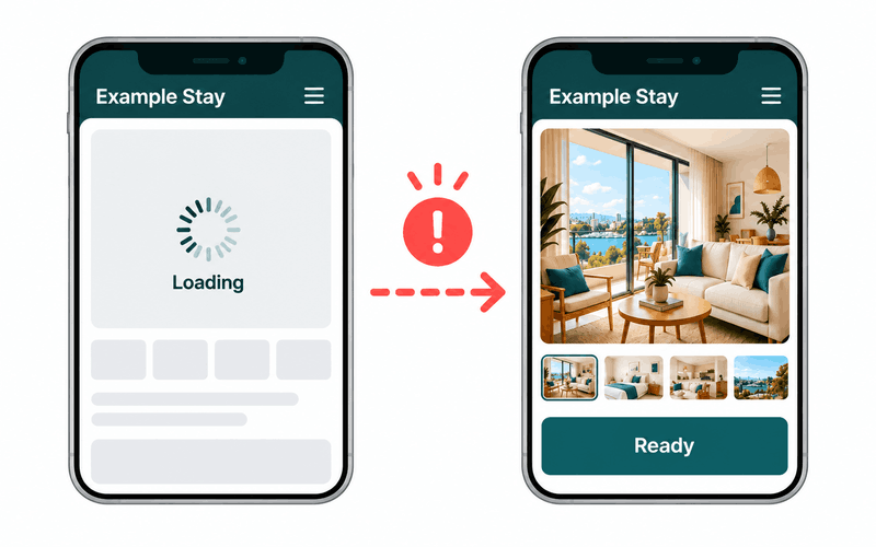 Two Example Stay phone screens compare a photo still loading with a complete property preview.
