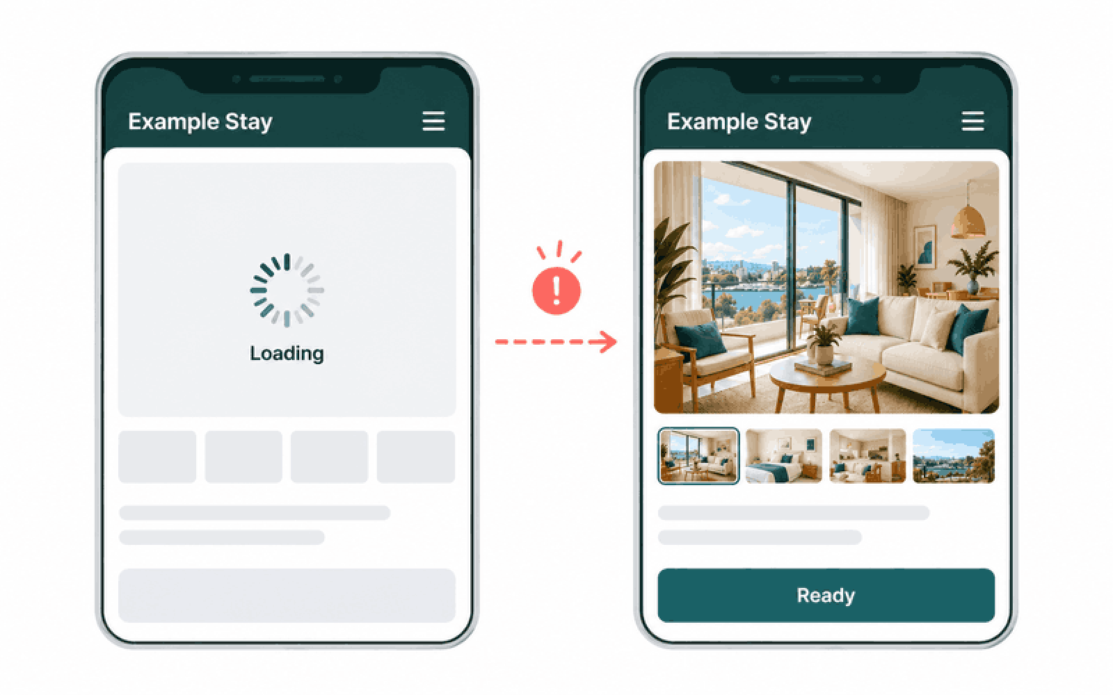 Two Example Stay phone screens compare a photo still loading with a complete property preview.