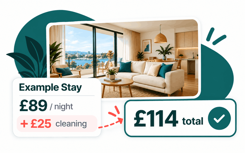 Example Stay price cards compare an £89 night plus £25 cleaning with a clear £114 total.