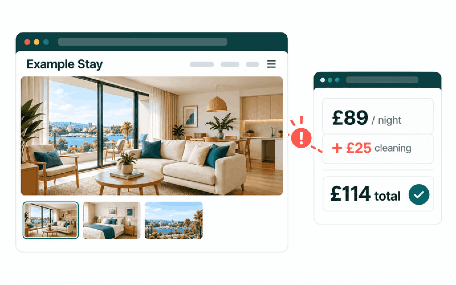 Example Stay price cards compare an £89 night plus £25 cleaning with a clear £114 total.