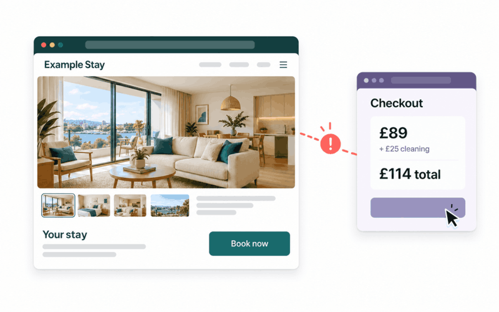 An Example Stay property page leads across a broken booking journey to an unfamiliar checkout showing a £114 total.